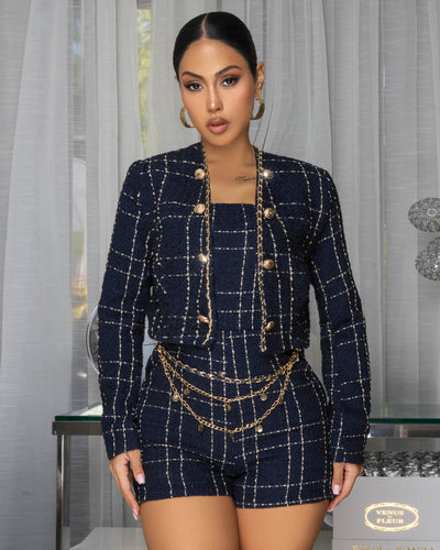 Nestelle Navy Gold Chain Tweed Romper & Jacket Set