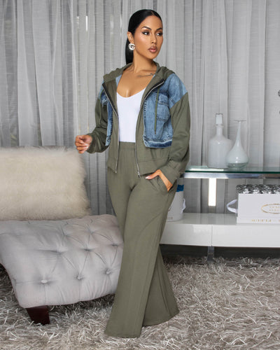 Aeris Denim Olive Green Jacket & Pants Set