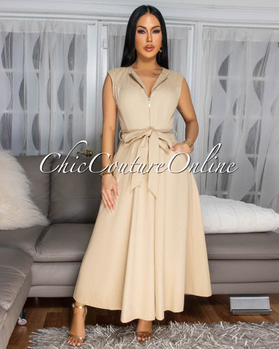 Kamille Nude Front Zipper Maxi Dress