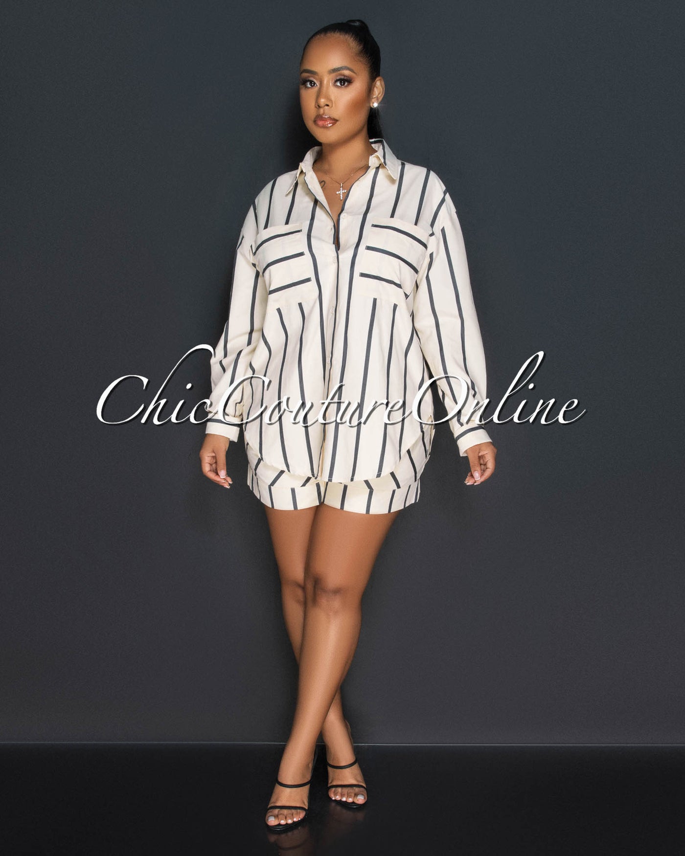 Giona Nude Black Stripes Buttoned Shirt & Shorts Set