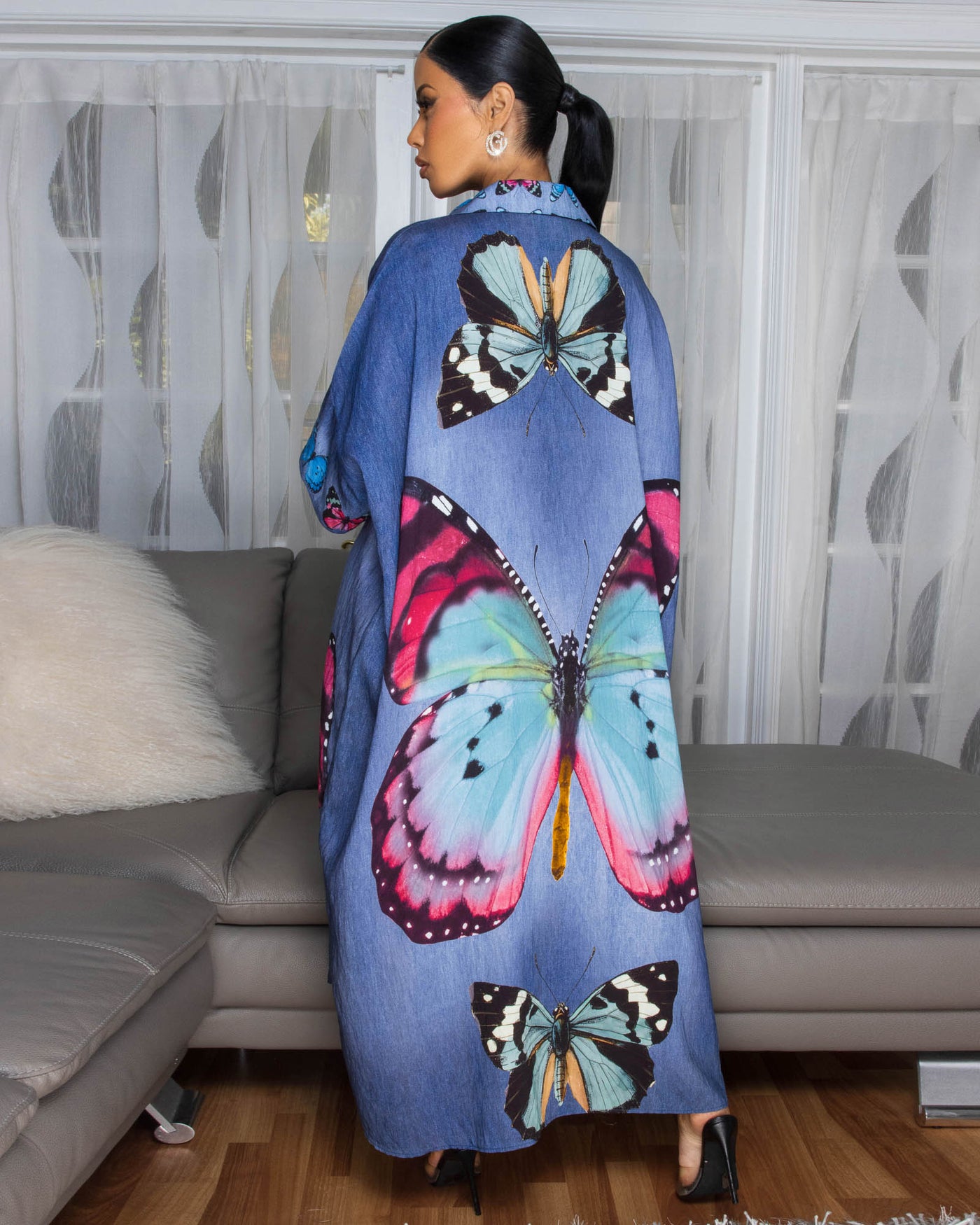 Hayes Medium Blue Butterfly Print Maxi Dress
