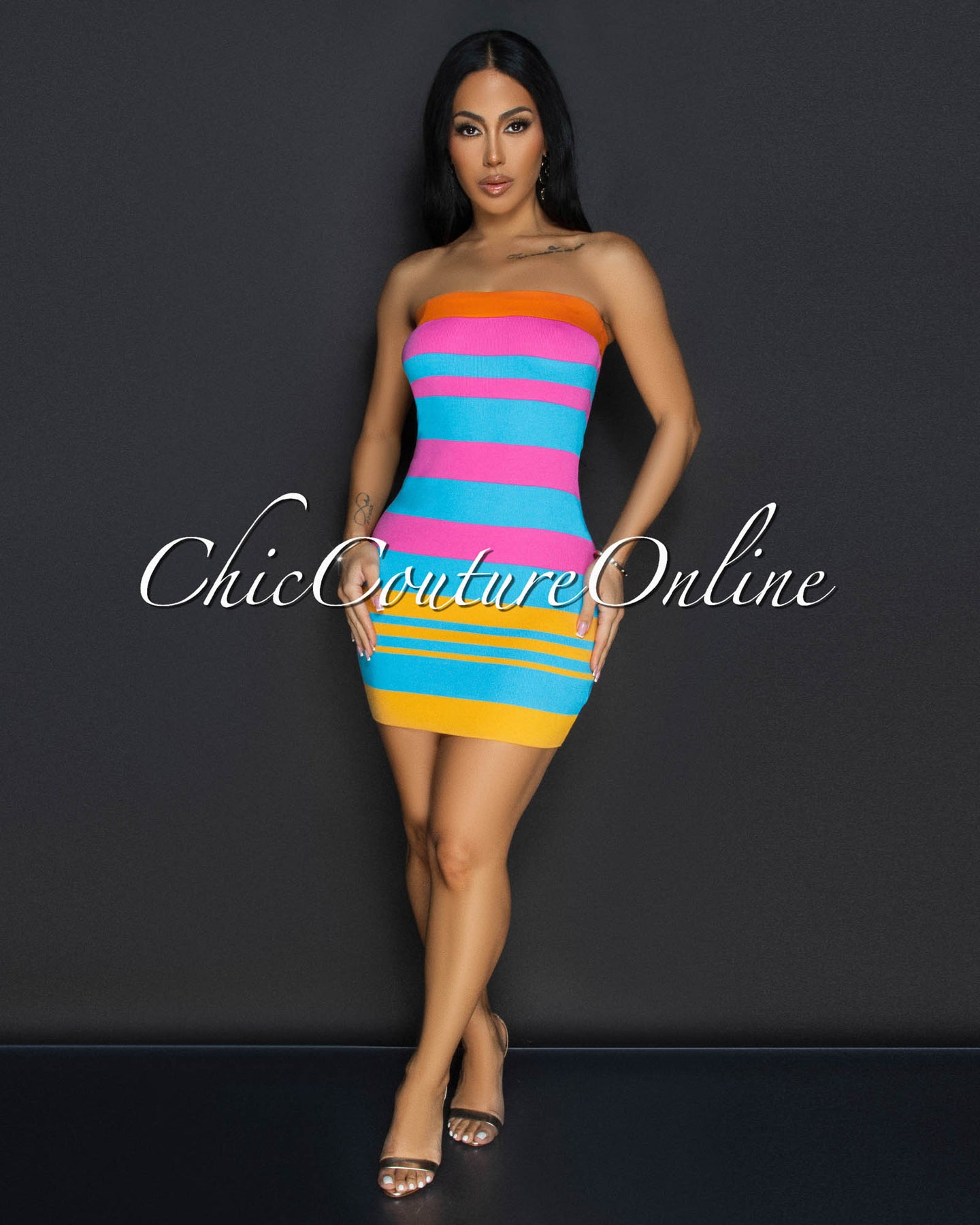 Sachiko Fuchsia Blue Striped Tube Mini Dress