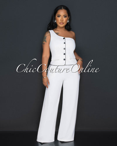 Marcia White Black Trim Single Shoulder Vest & Pants Set