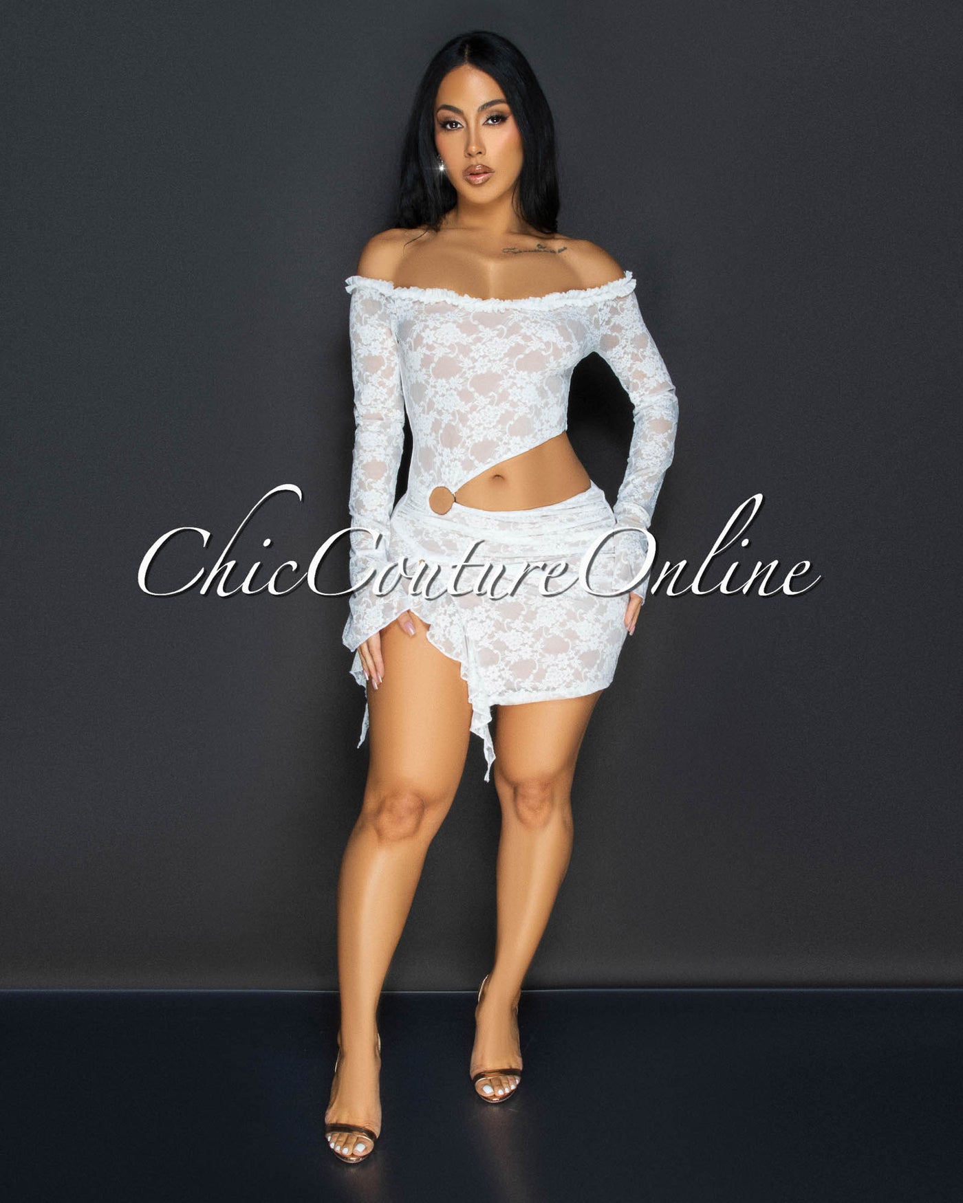 Ciela White Lace Ruffle Mini Dress