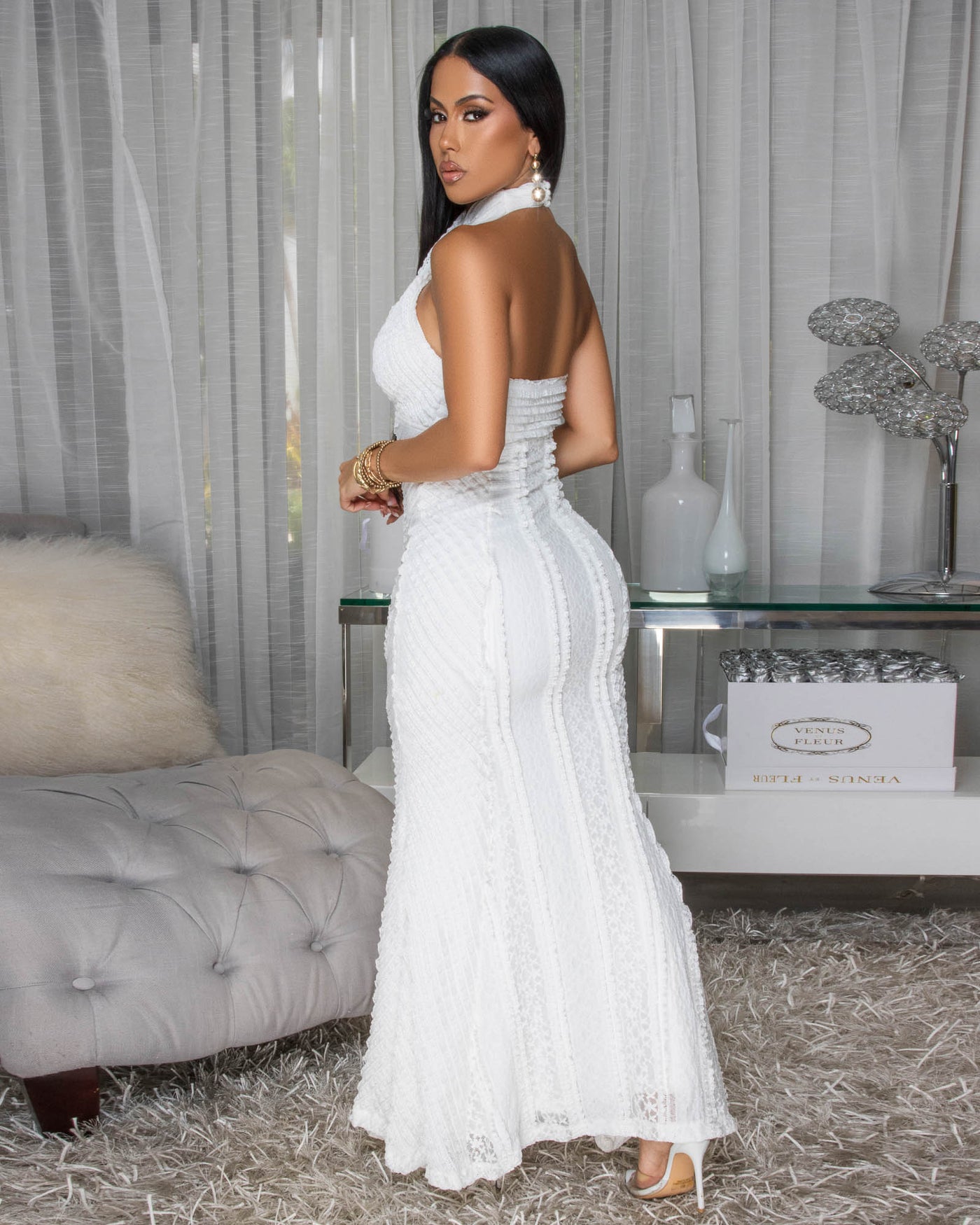 Penny White Peep-Hole Bust Maxi Dress