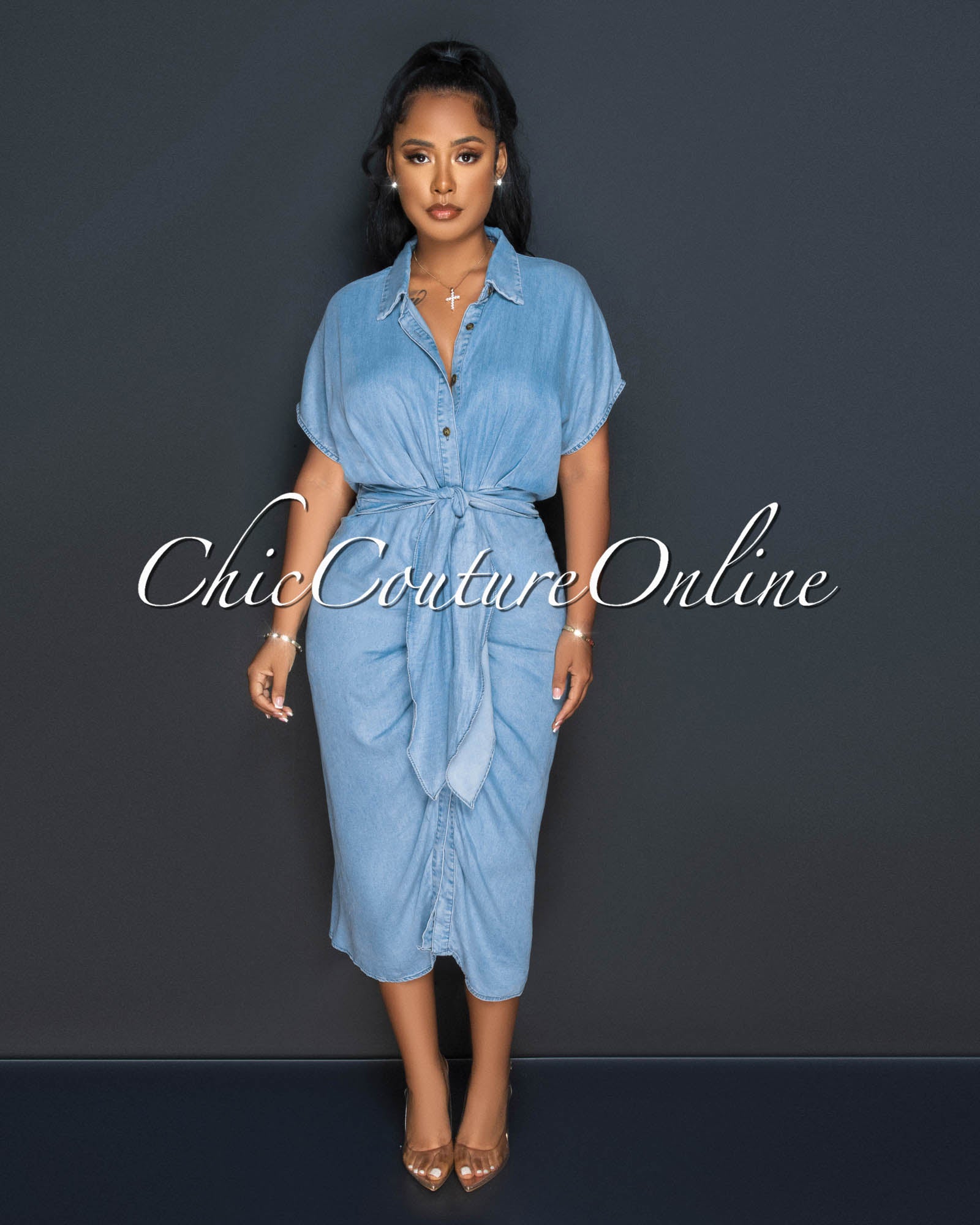 *Kadra Light Blue Draped Front Buttons Shirt Chambray Dress