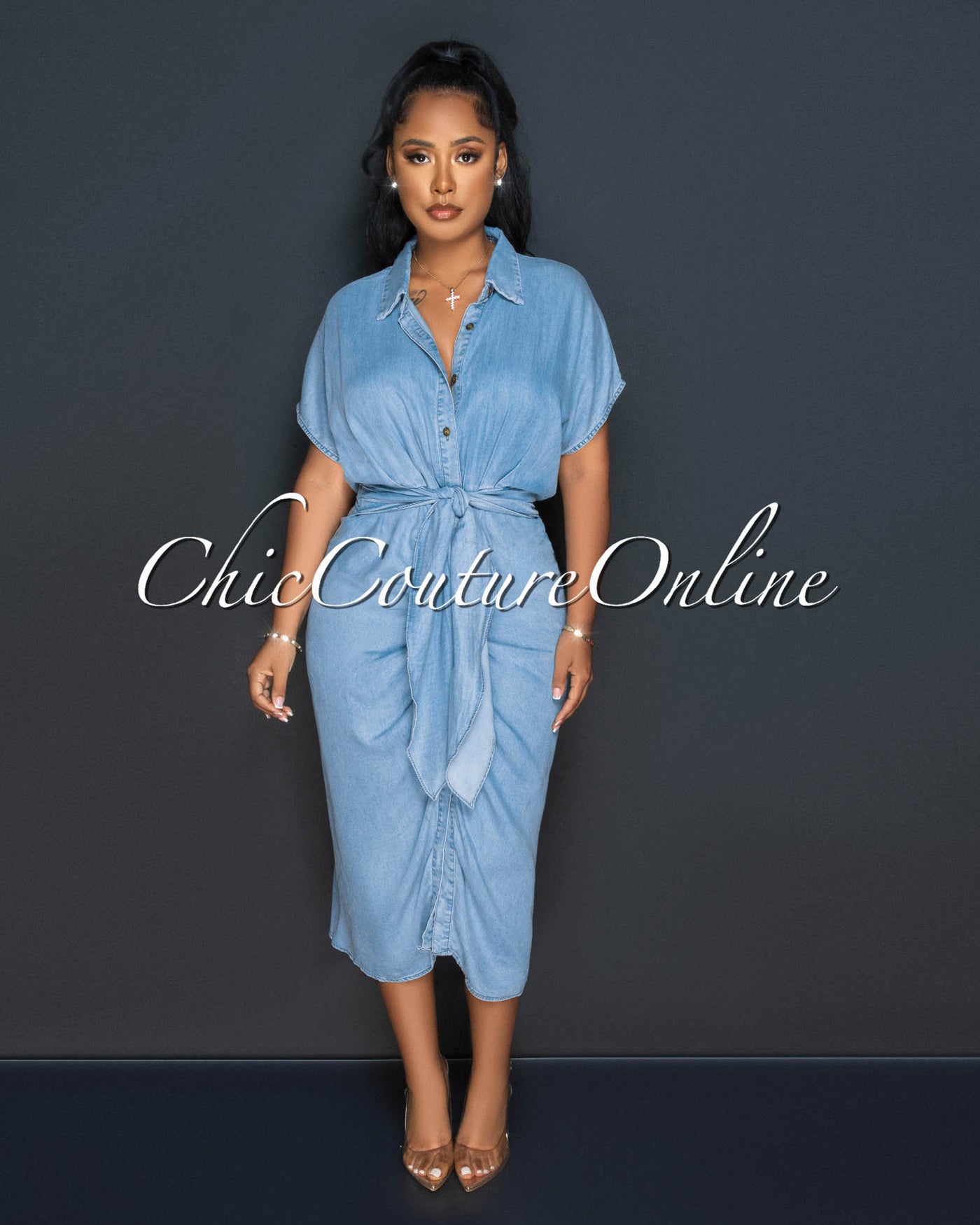 Kadra Light Blue Draped Front Buttons Shirt Chambray Dress