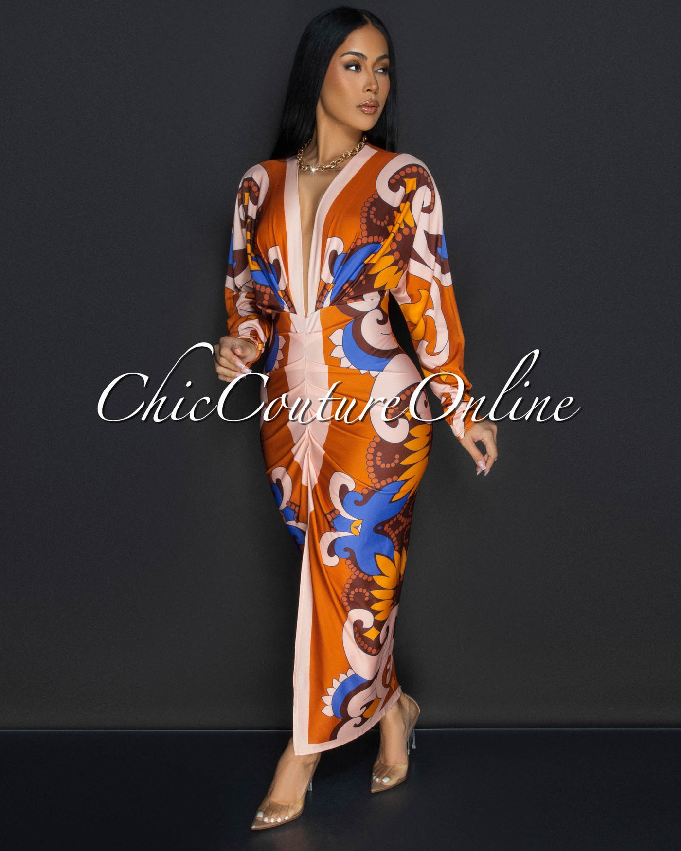 Kani Orange Multi-Color Deep V Neck Maxi Dress