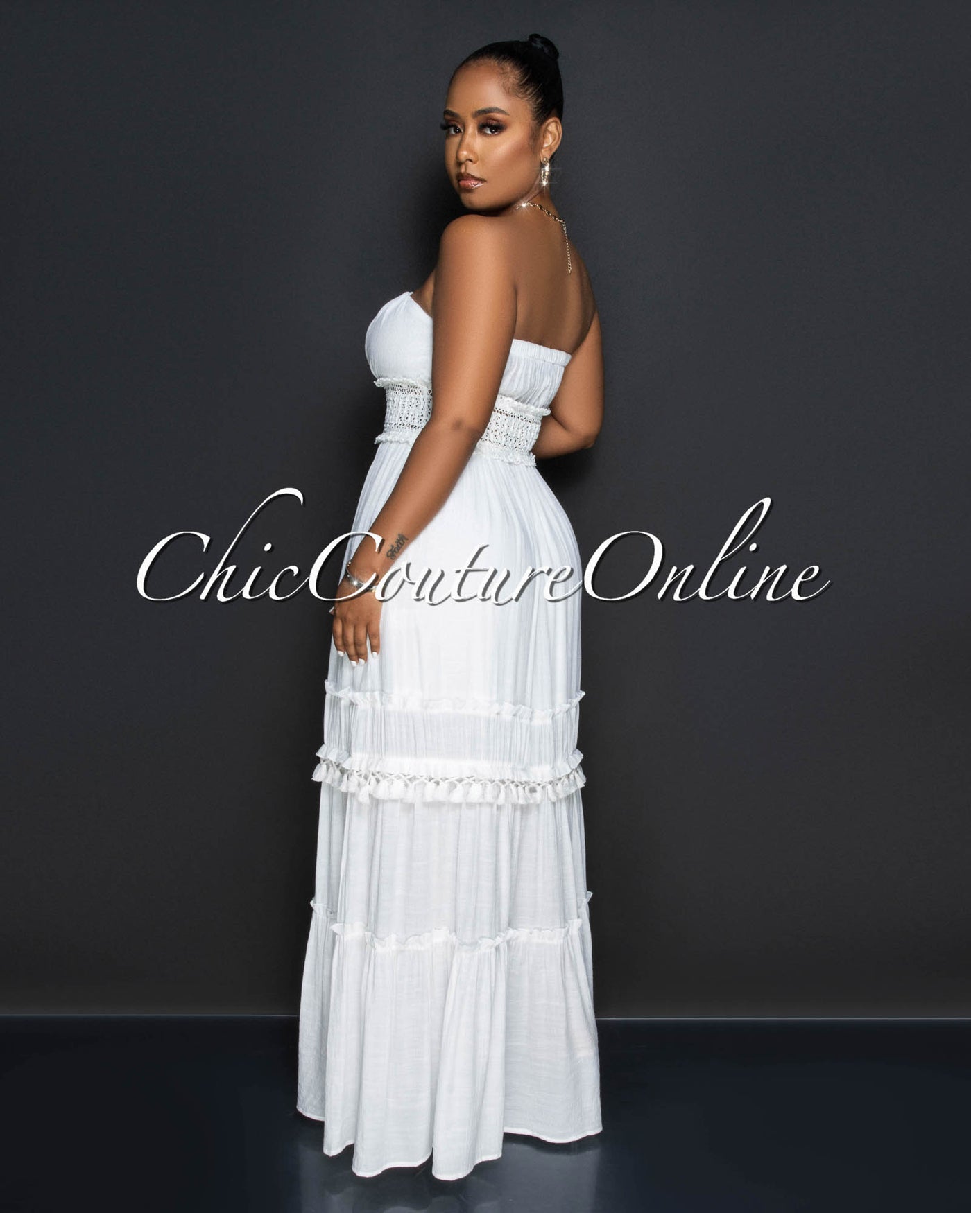 Oliana Off-White Crochet Accent & Tassels Maxi Dress