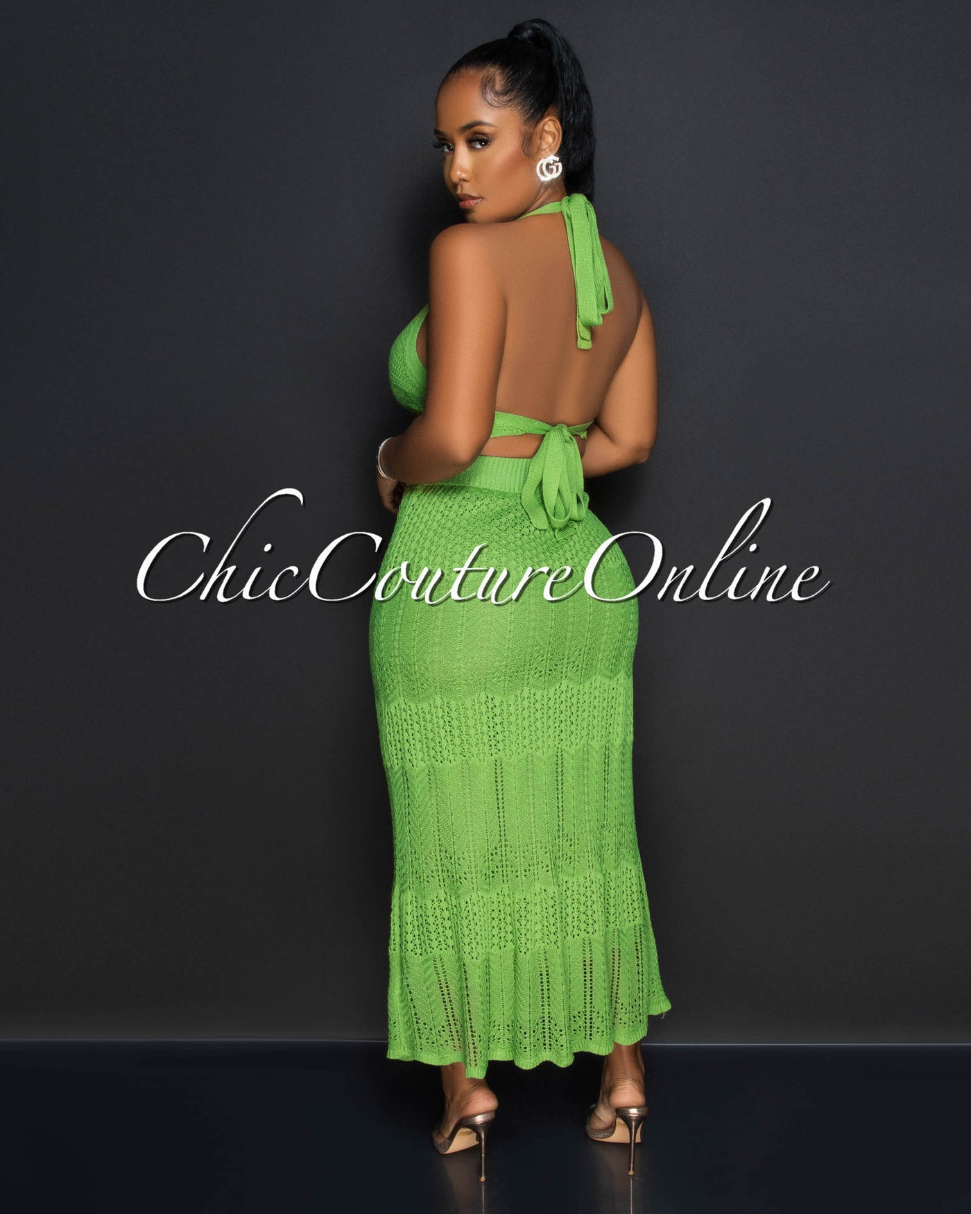 *Burke Green Crop Top & Crochet Cover-Up Maxi Skirt Set