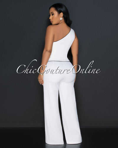 Marcia White Black Trim Single Shoulder Vest & Pants Set