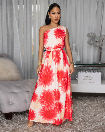 Vesta Coral Beige Single Shoulder Maxi Dress