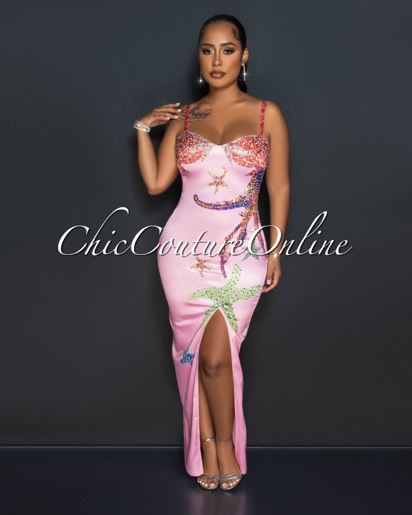 *Theola Baby Pink Rhinestones Starfish Print Maxi Dress