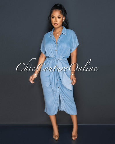 Kadra Light Blue Draped Front Buttons Shirt Chambray Dress