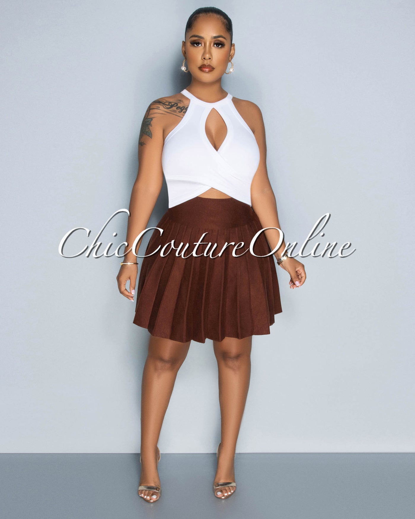 Amaria Brown Knit Pleated Mini Skirt