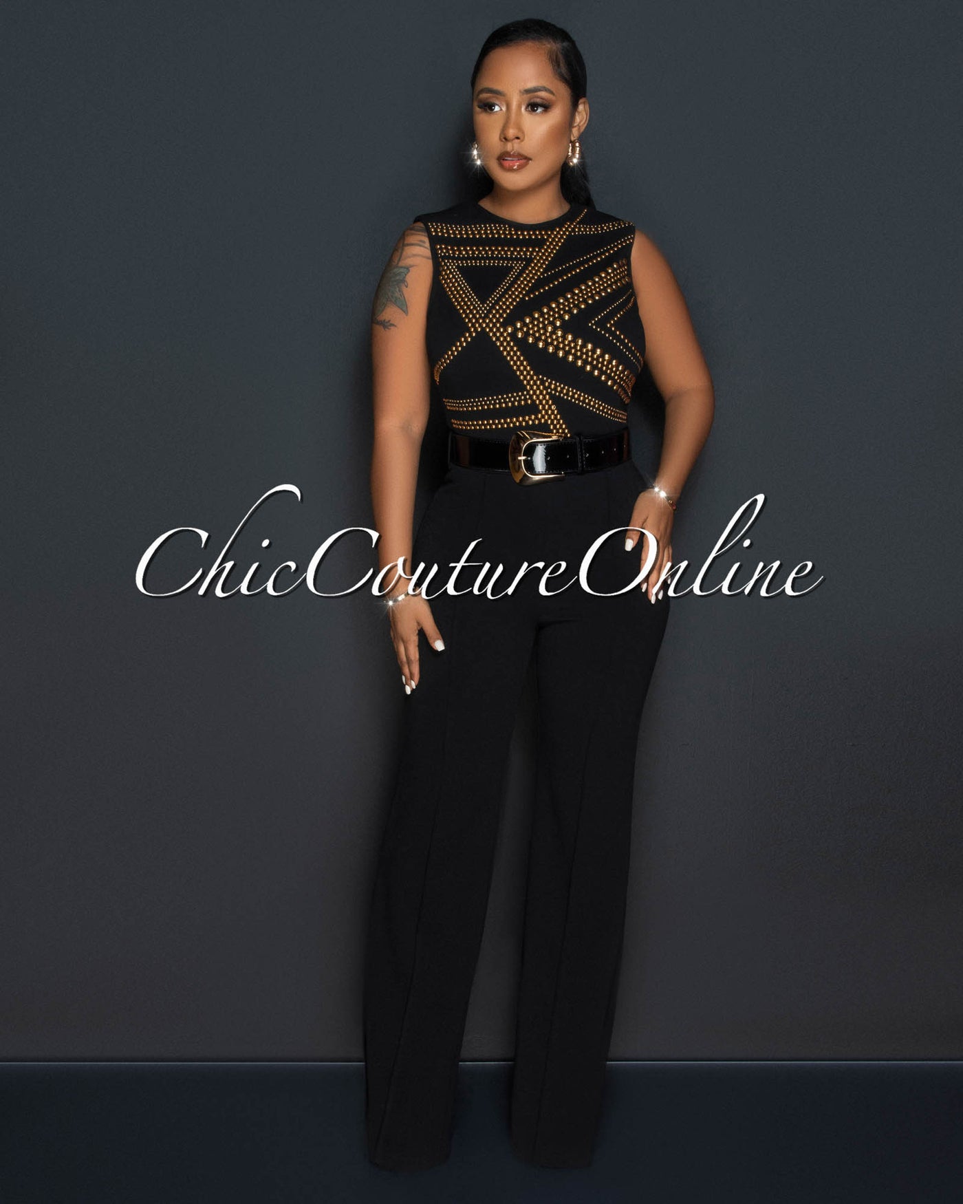 Marlisa Black Gold Studs Gold Buckle Belt Jumpsuit