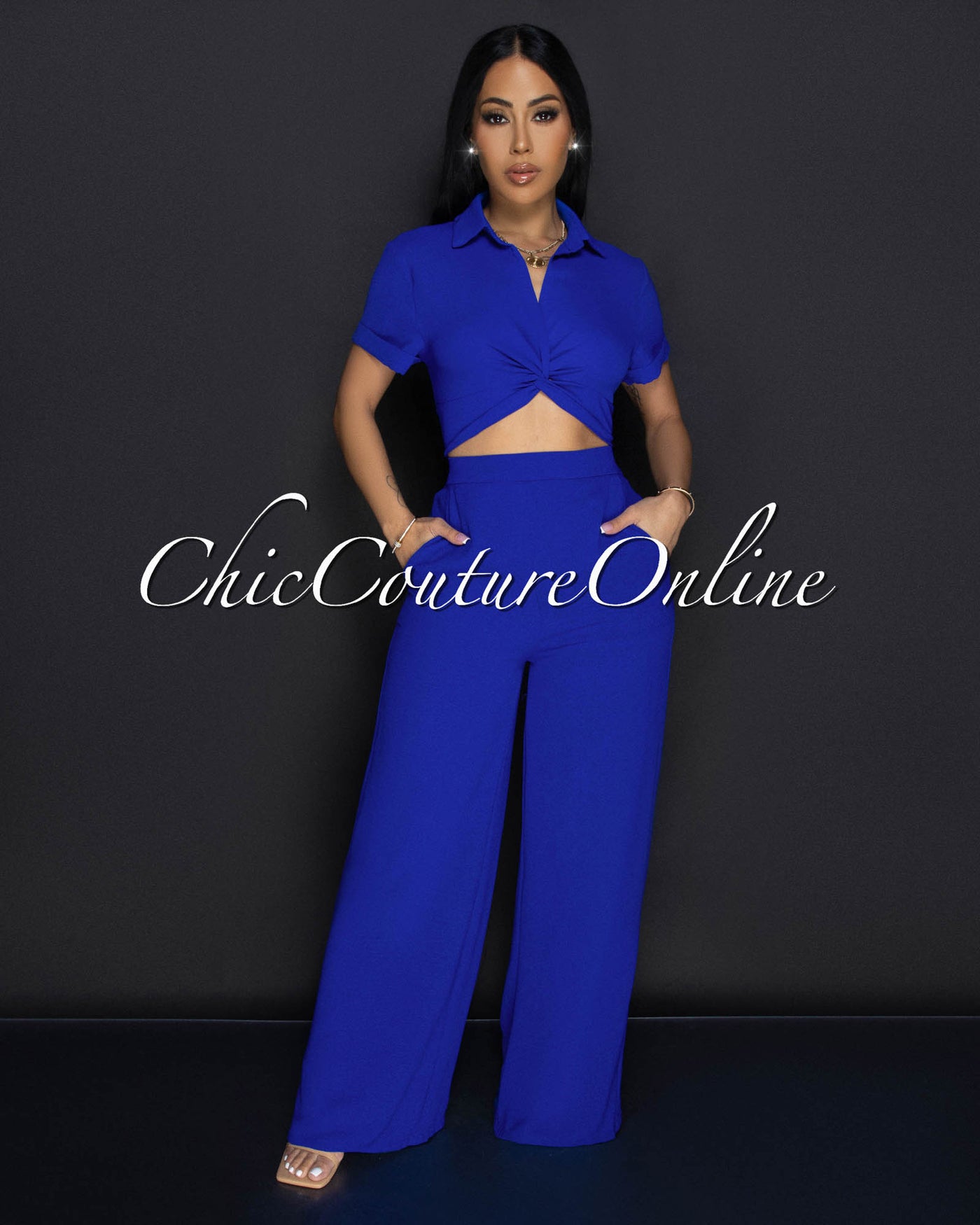 Poa Deep Royal-Blue Collared Two-Piece Pants Set