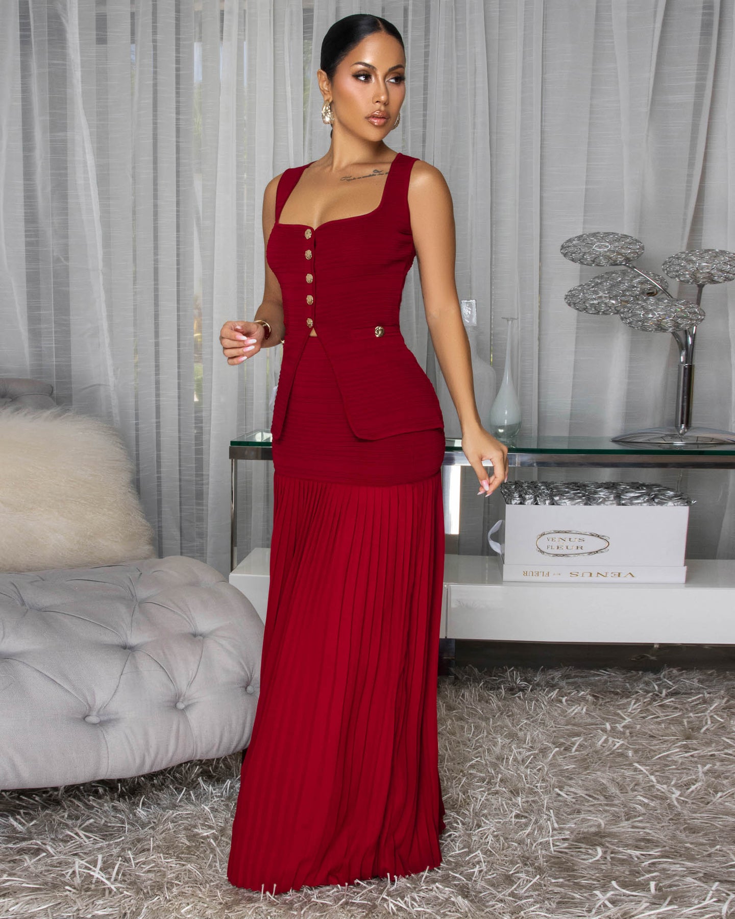 Adina Burgundy Top & Pleated Maxi Skirt Set