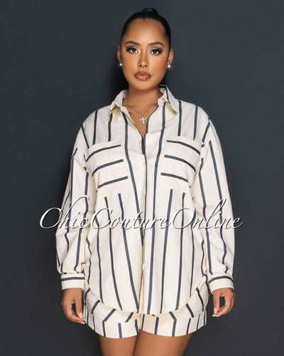 Giona Nude Black Stripes Buttoned Shirt & Shorts Set