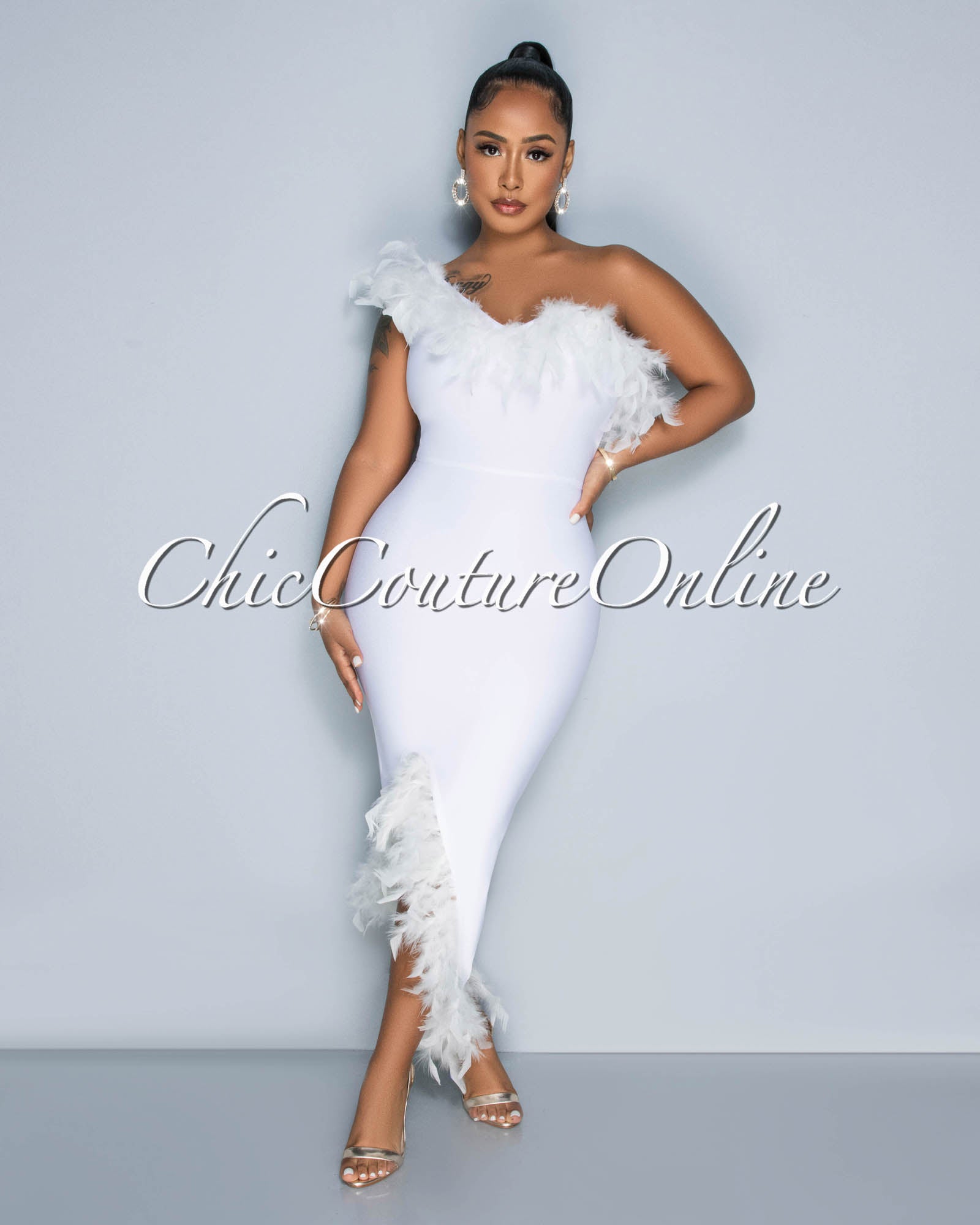 Maverick Off-White Feather Accent Bandage Midi Dress