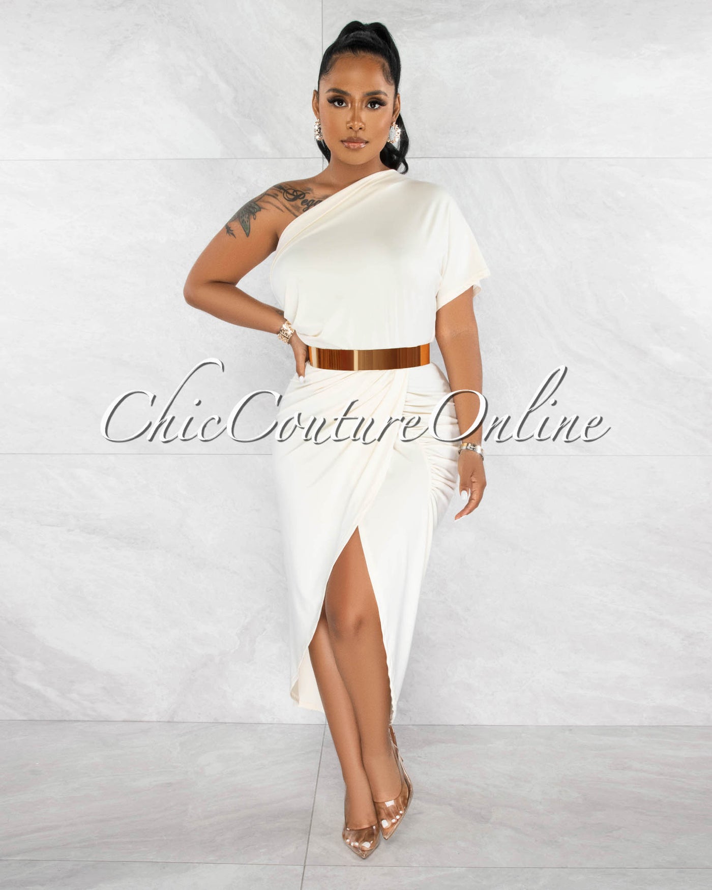 Shyla Beige Draped Front Single Shoulder Midi Dress