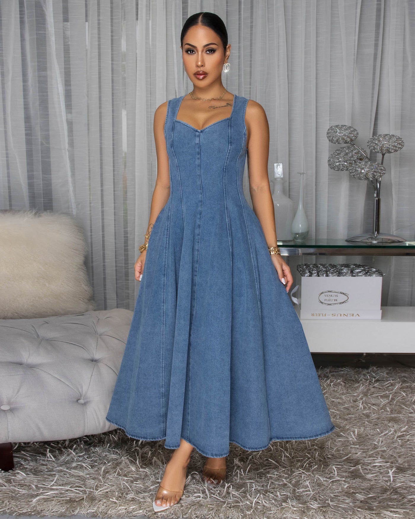 Aurelie Light Blue Denim Flare Maxi Dress