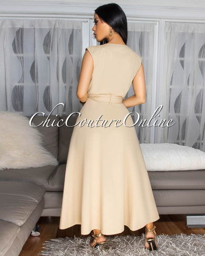 Kamille Nude Front Zipper Maxi Dress