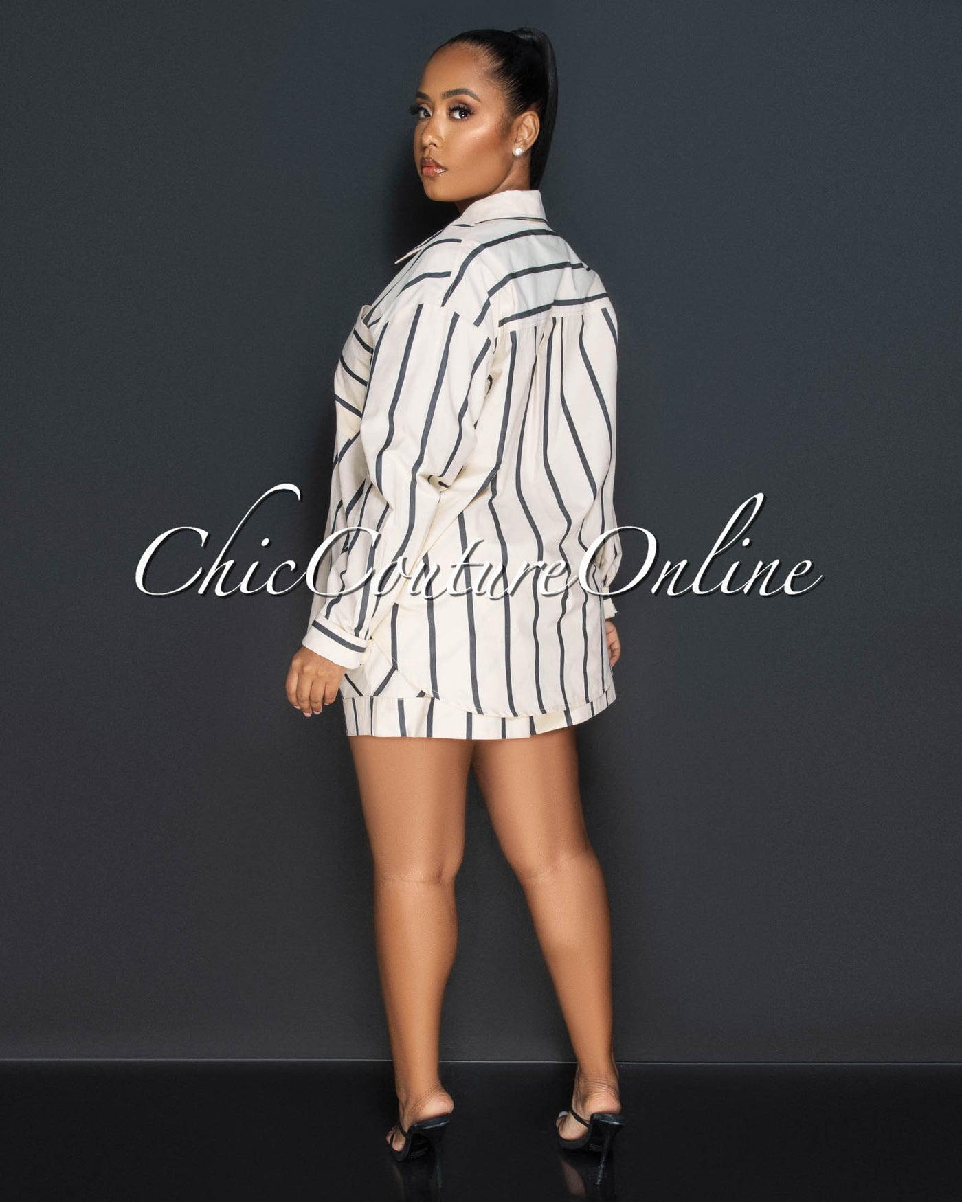 Giona Nude Black Stripes Buttoned Shirt & Shorts Set