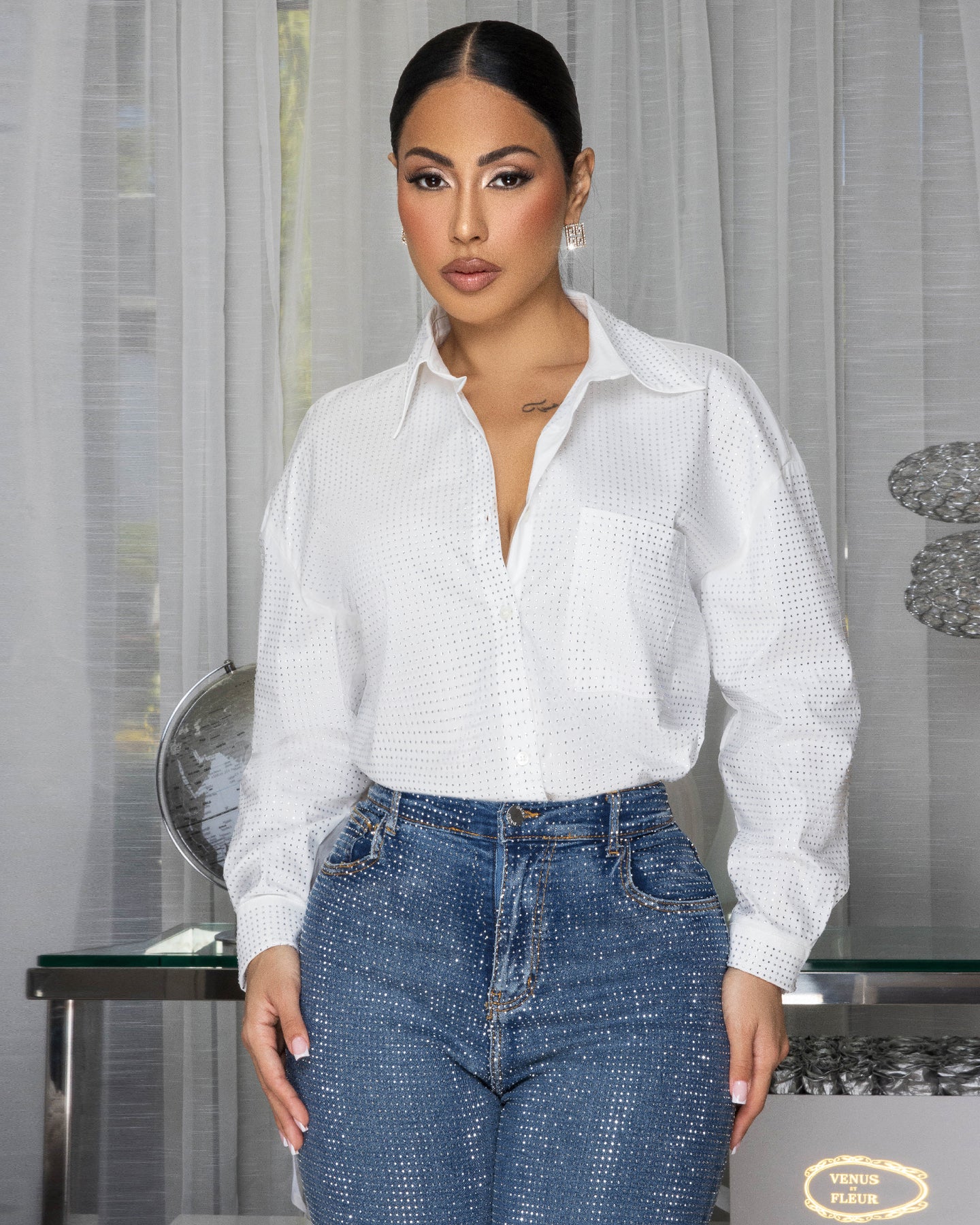 Devon White Allover Rhinestones Shirt