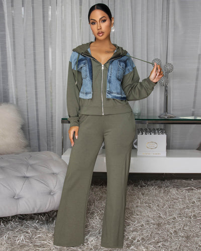 Aeris Denim Olive Green Jacket & Pants Set