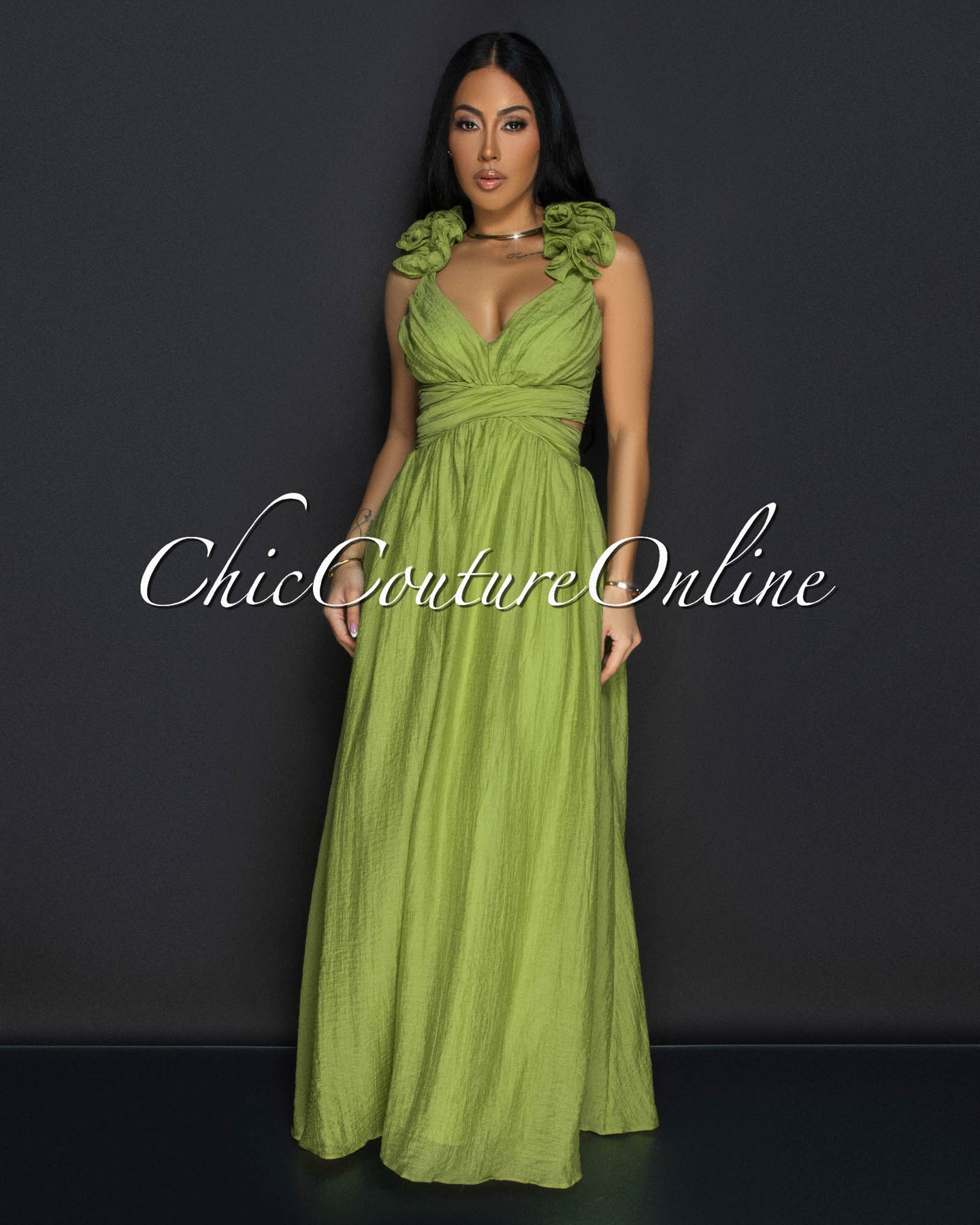 Cianna Olive Green Ruffle Lace-Up Back Maxi Dress