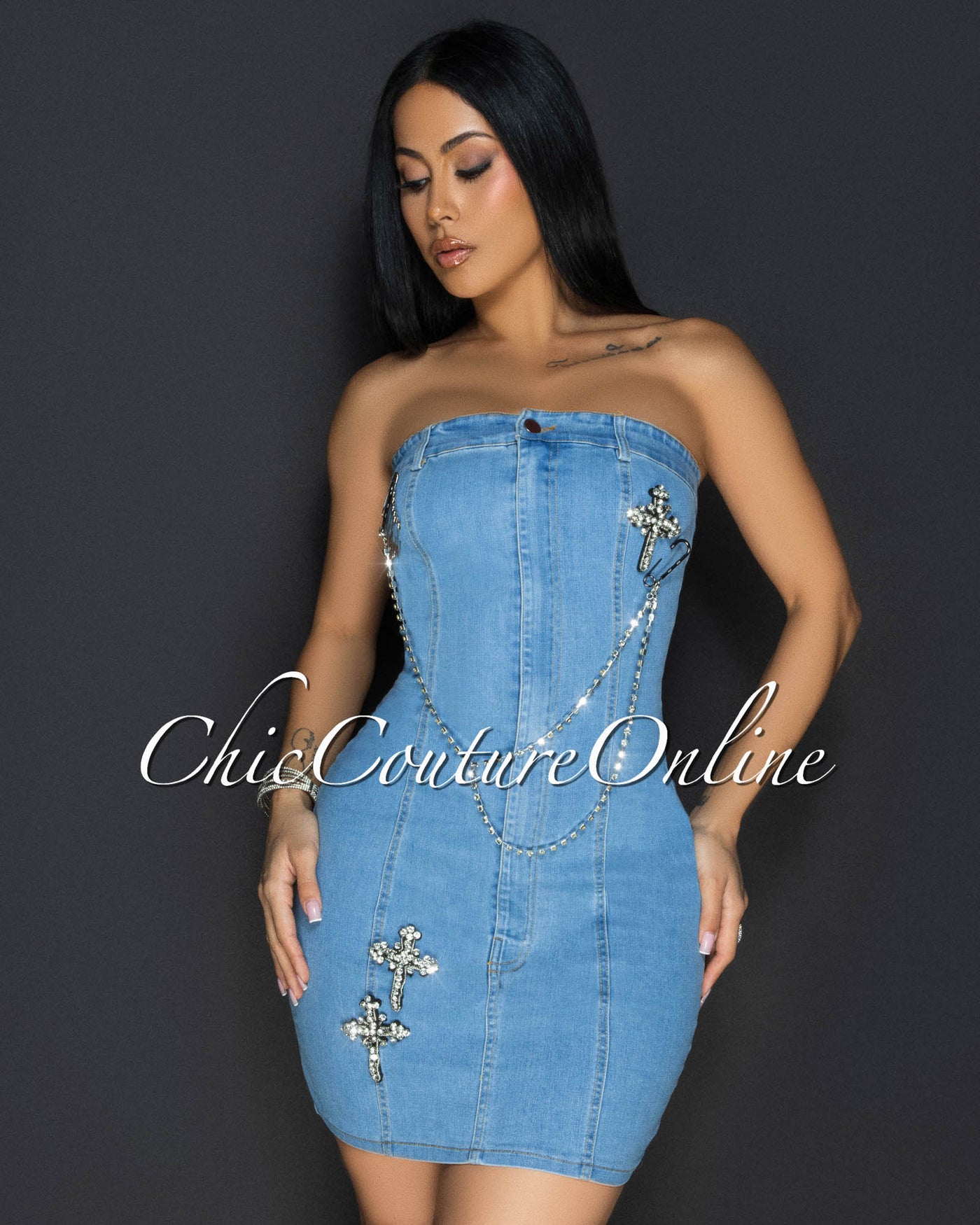 Corona Light Denim Rhinestones Designs Strapless Dress