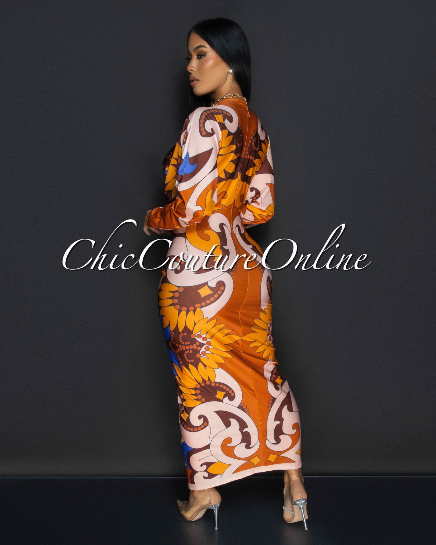 Kani Orange Multi-Color Deep V Neck Maxi Dress