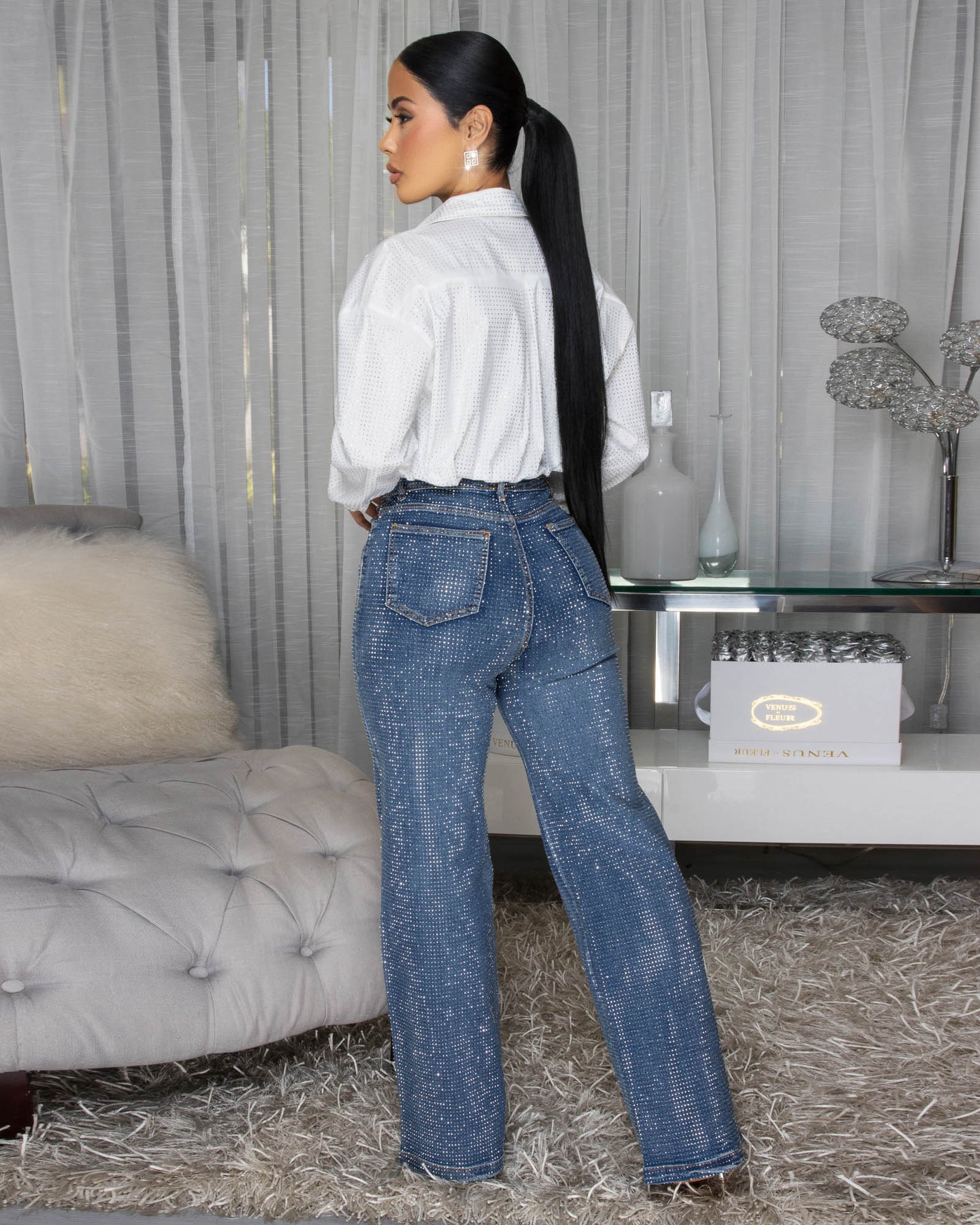 Devon White Allover Rhinestones Shirt