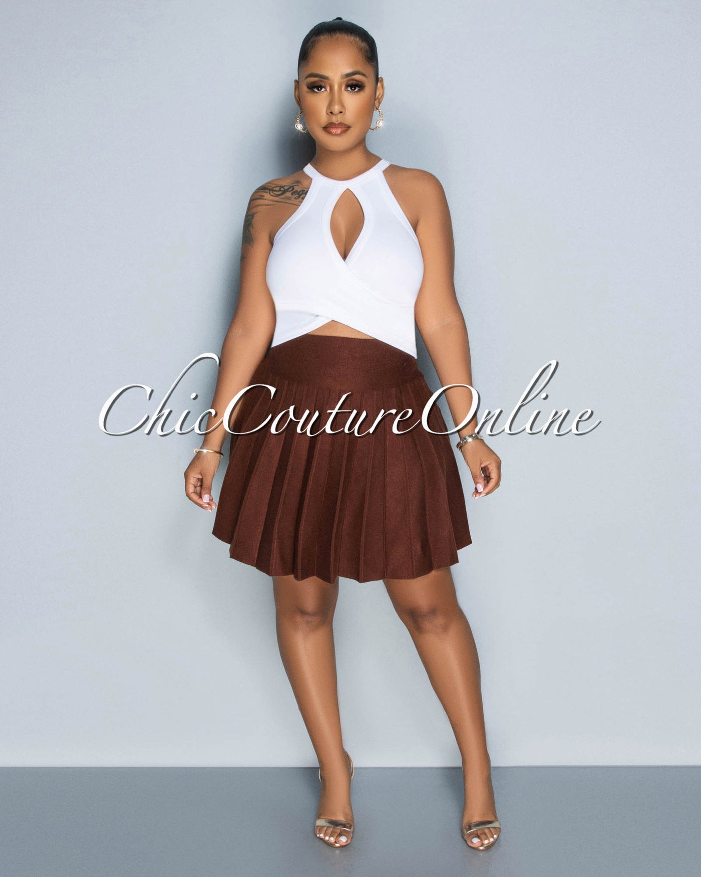 Amaria Brown Knit Pleated Mini Skirt