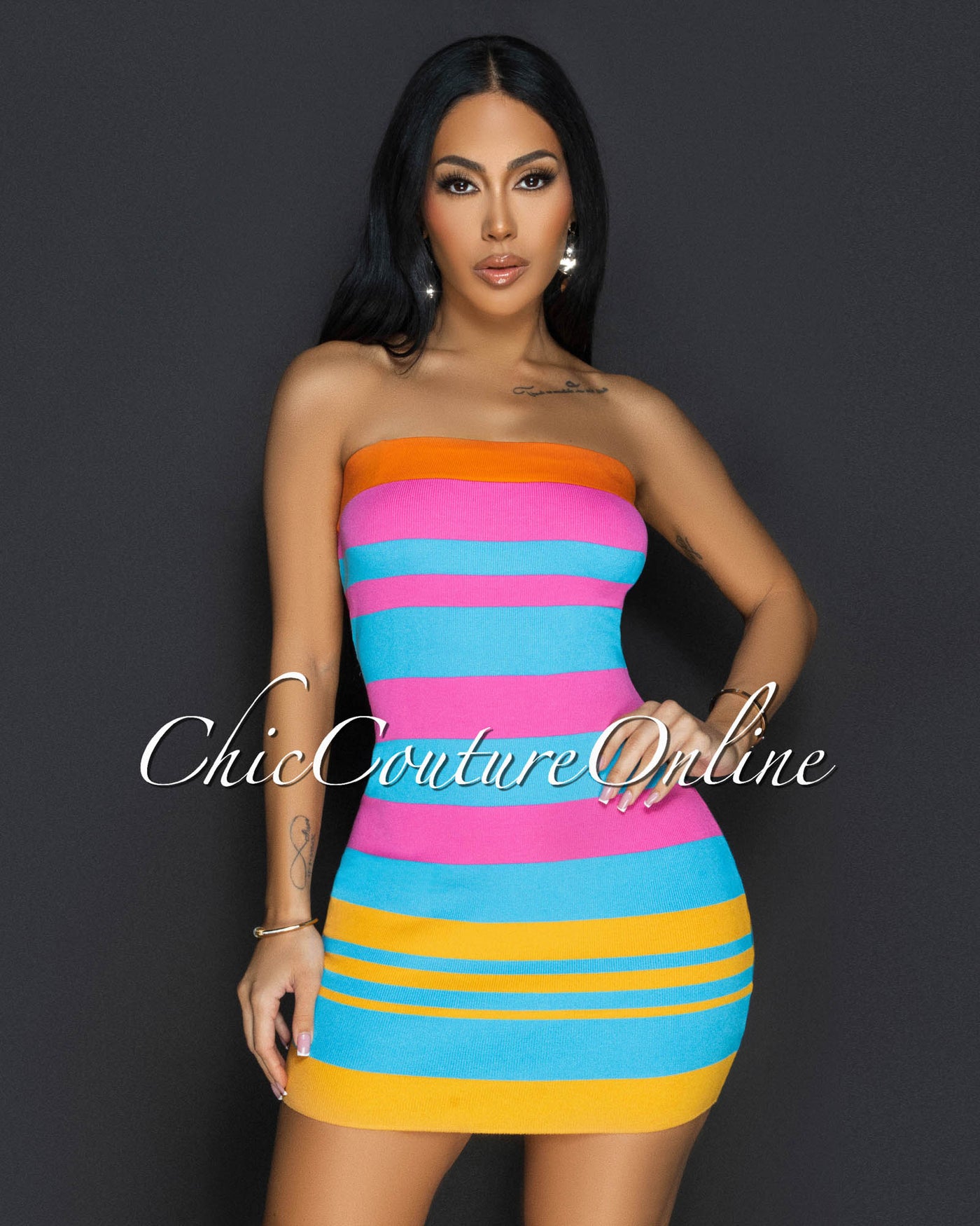 Sachiko Fuchsia Blue Striped Tube Mini Dress