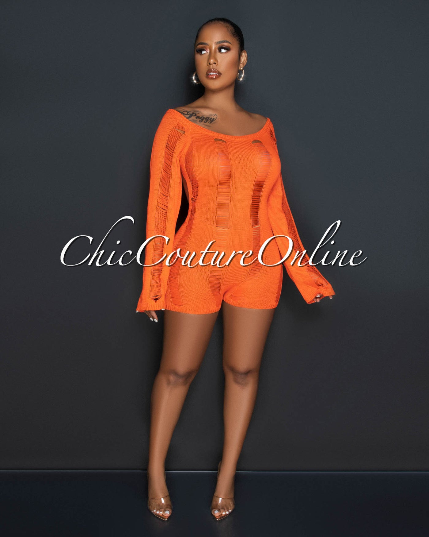 *Carrera Orange See-Through Crochet Cover-Up Romper