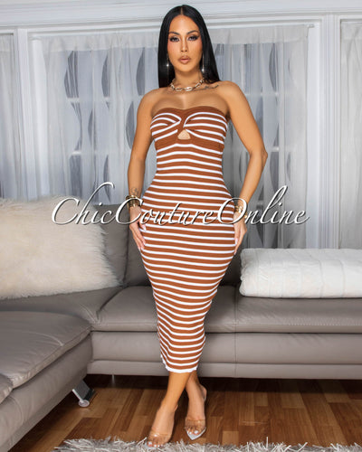 Baylen Camel White Stripes Knit Strapless Dress