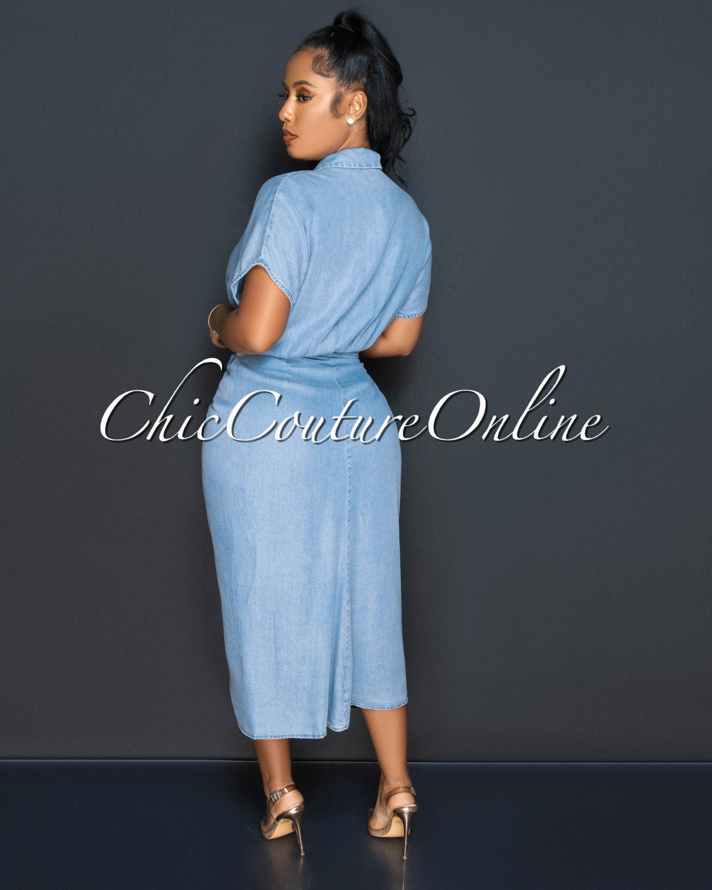 Kadra Light Blue Draped Front Buttons Shirt Chambray Dress