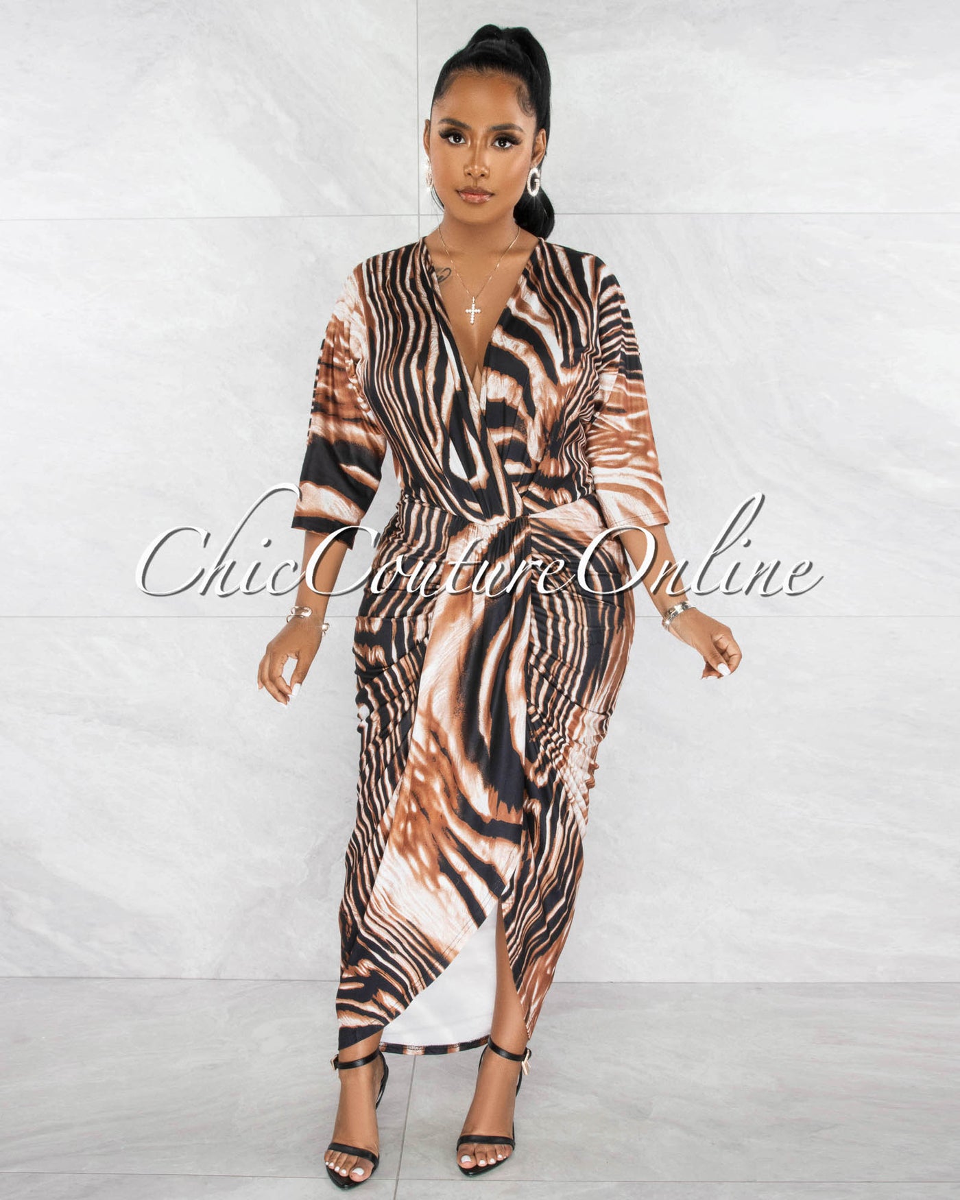 Menora Brown Tiger Print Front Drape Midi Dress