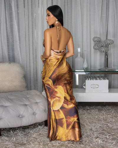 Fiona Bronze Multi-Color Draped Halter Maxi Dress