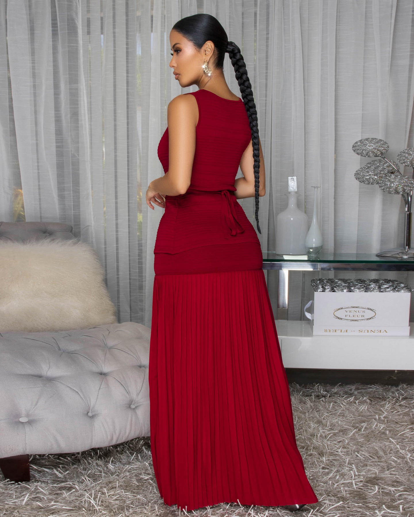 Adina Burgundy Top & Pleated Maxi Skirt Set