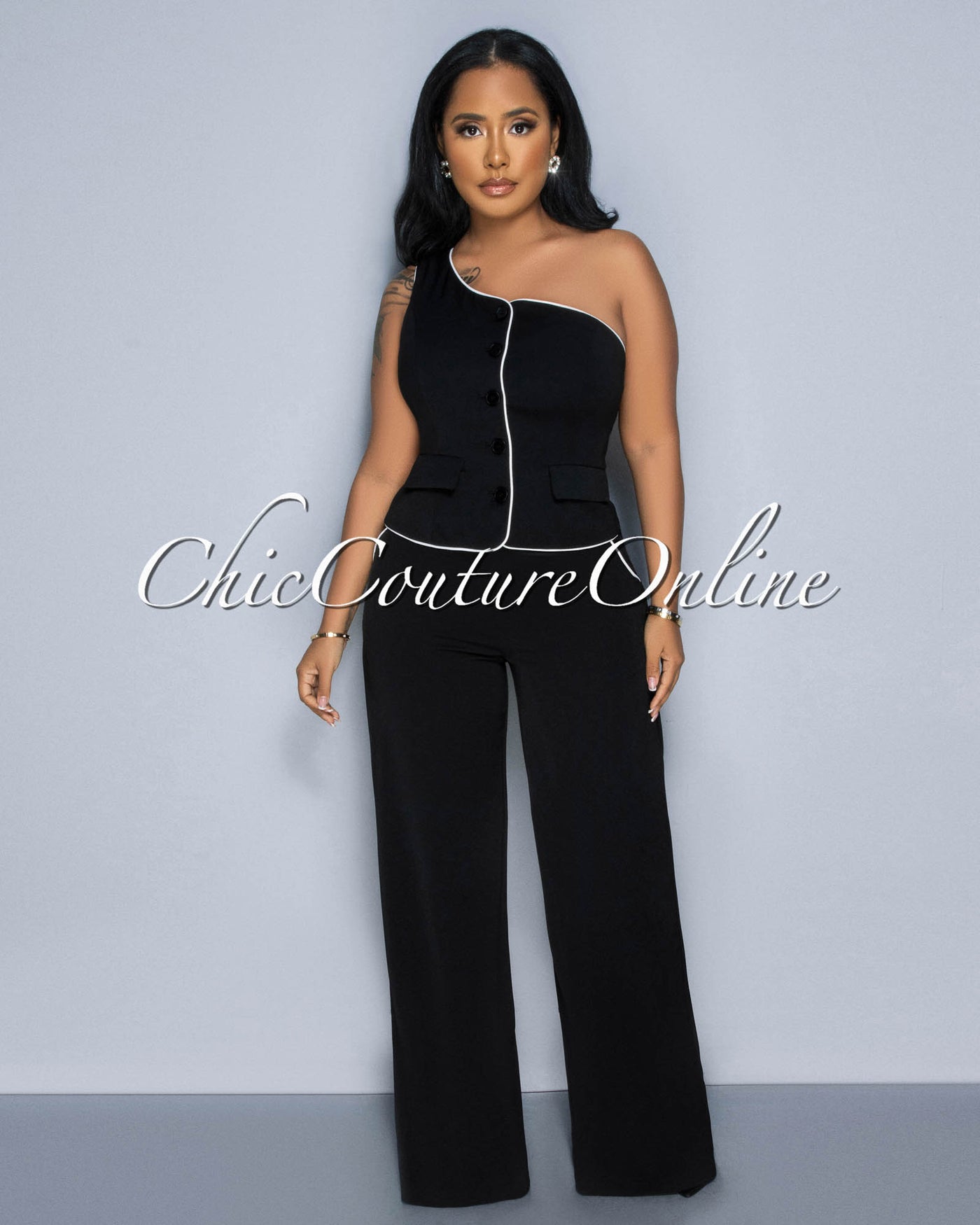 Marcia Black White Trim Single Shoulder Vest & Pants Set