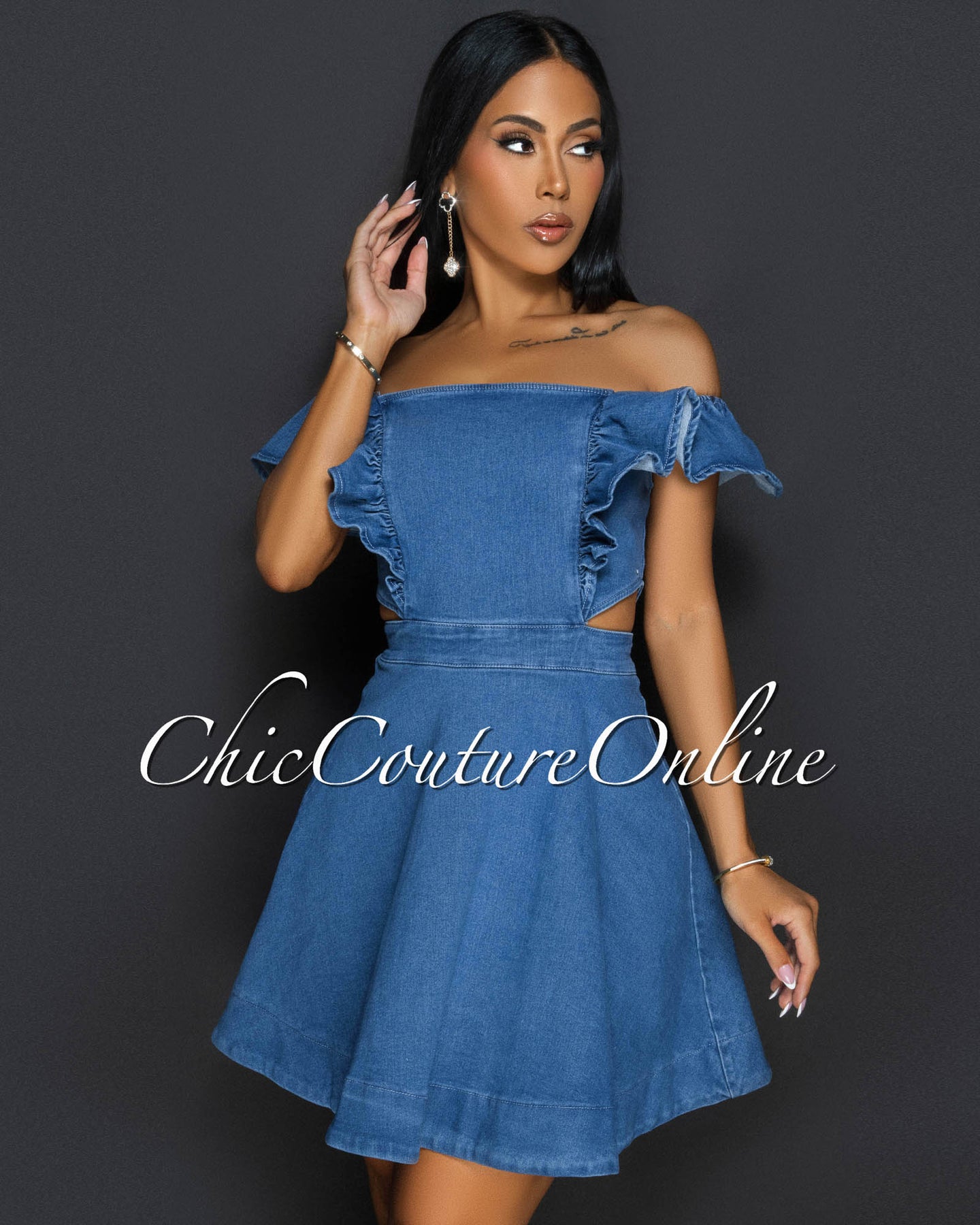 Adelina Blue Denim Cut Out Ruffle Dress