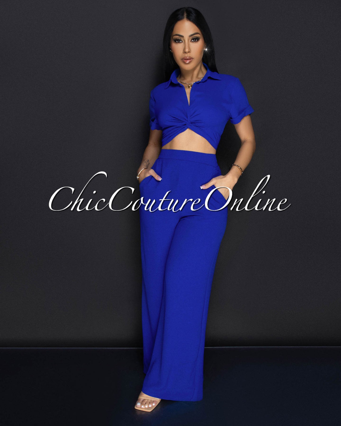 Poa Deep Royal-Blue Collared Two-Piece Pants Set