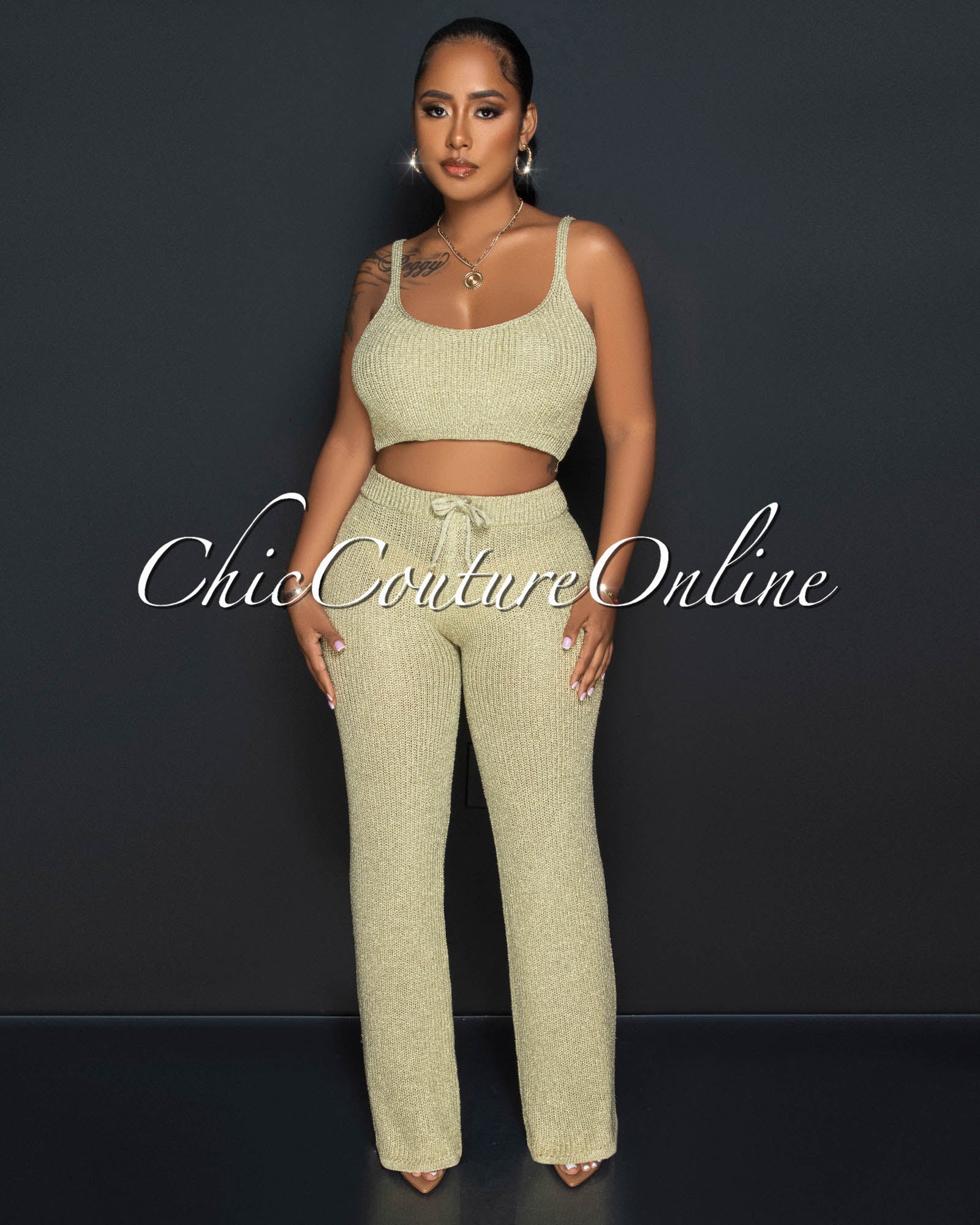 *Desia Gold Crop Top & Pants Crochet Shimmer Set