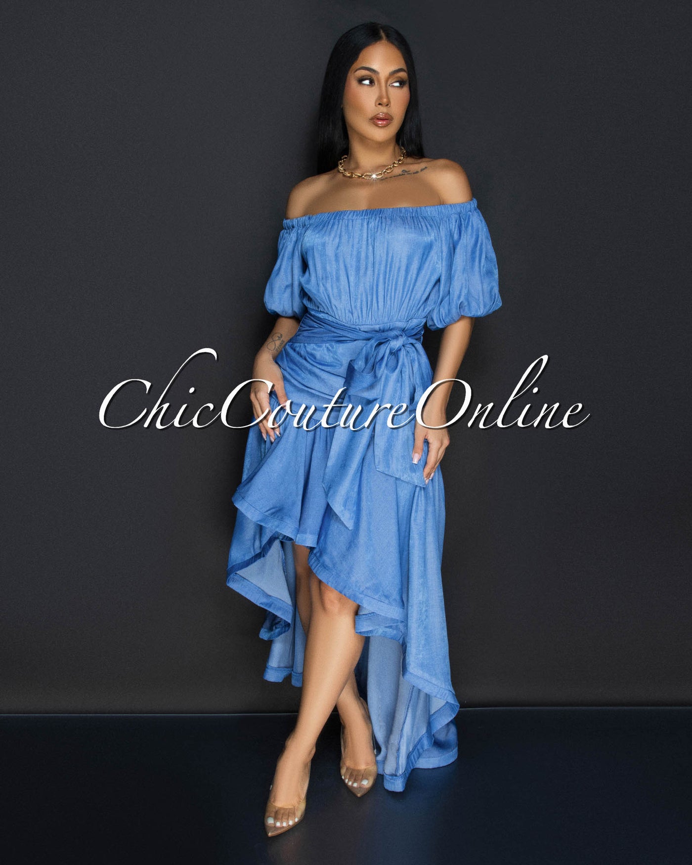 Othalia Denim Stripes Off-The-Shoulder Maxi Dress