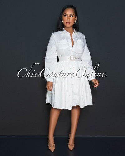 Burell Off-White Gold Pearl Accent Belt Shirt Dress