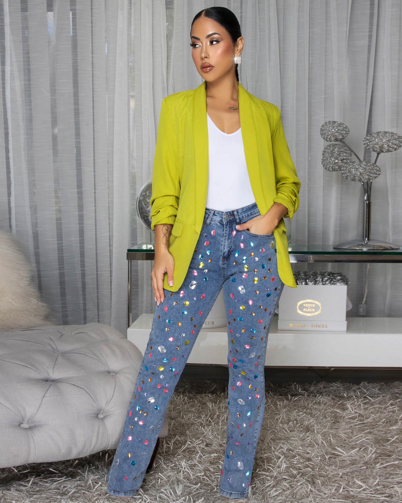 Tru Multi-color Rhinestone Accent Denim Straight Legs Jeans