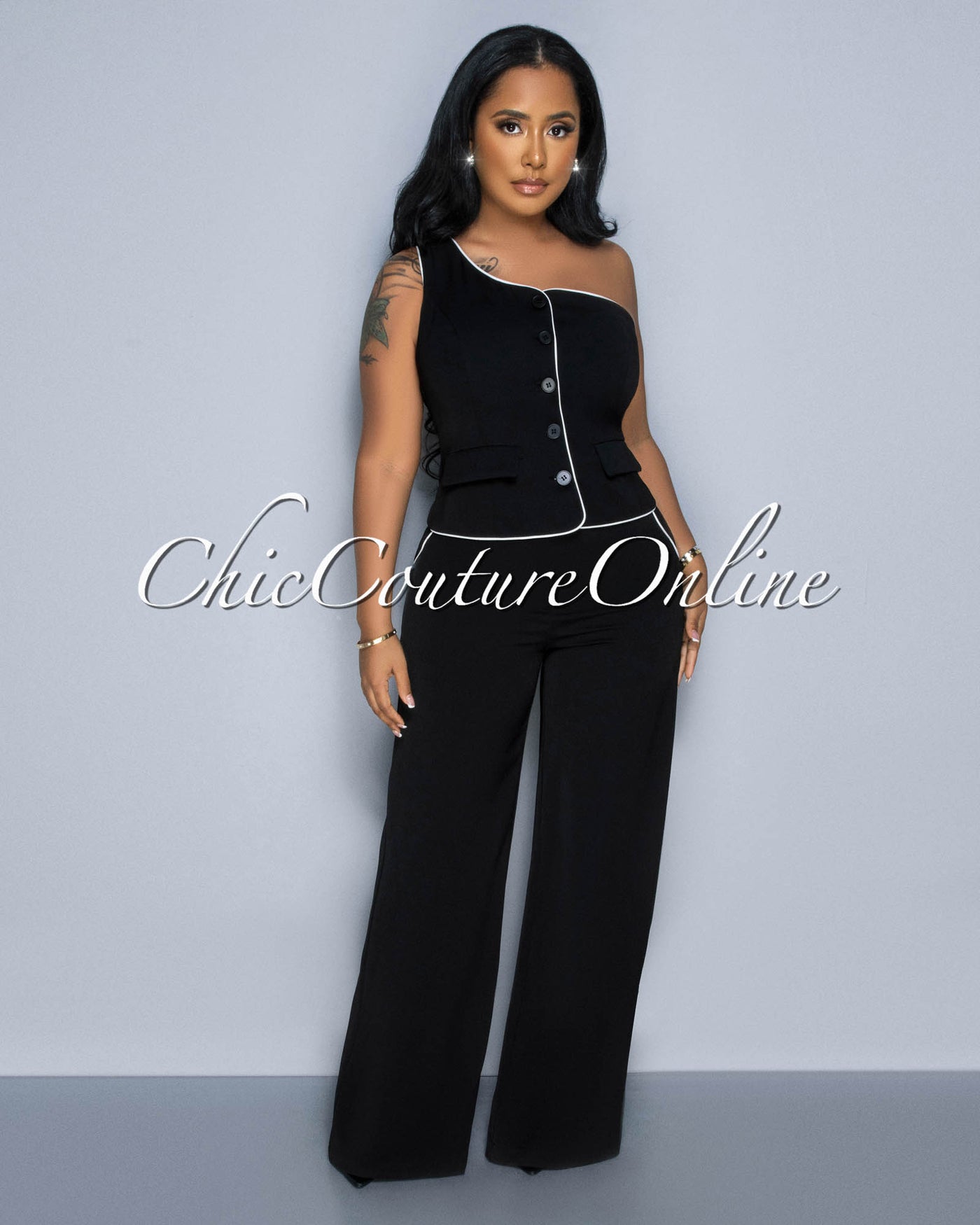 Marcia Black White Trim Single Shoulder Vest & Pants Set